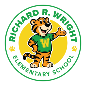 Circular logo for Richard R. Wright Elementary School featuring a smiling tiger mascot wearing a green shirt with a yellow “W,” surrounded by green text and paw prints on a white background.