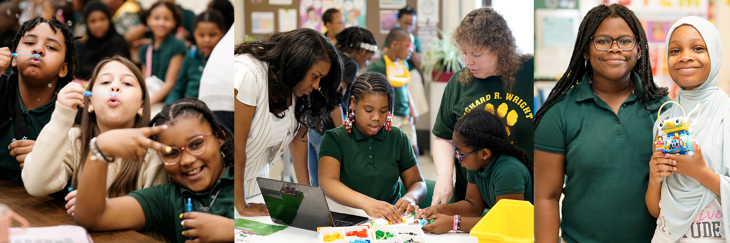 Collage of Richard R. Wright School students participating in classroom activities, including blowing bubbles, collaborating on a STEM project with teachers, and smiling while holding a student-built LEGO creation.